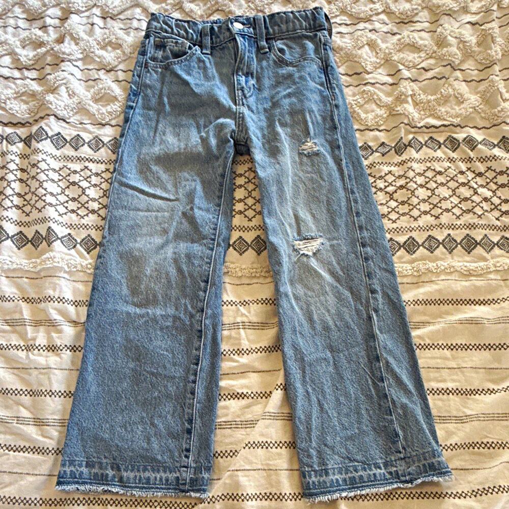 Old Navy Girls Wide-Leg Jeans Size 8 Blue Light Wash High Rise Distressed Fray